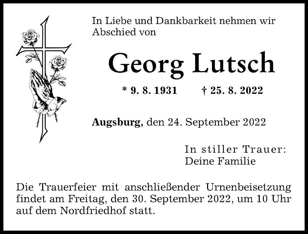 Traueranzeige von Georg Lutsch von Augsburger Allgemeine