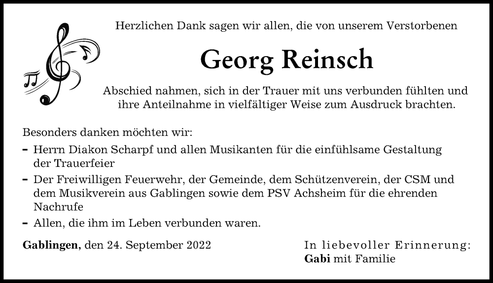  Traueranzeige für Georg Reinsch vom 24.09.2022 aus Augsburg-Land