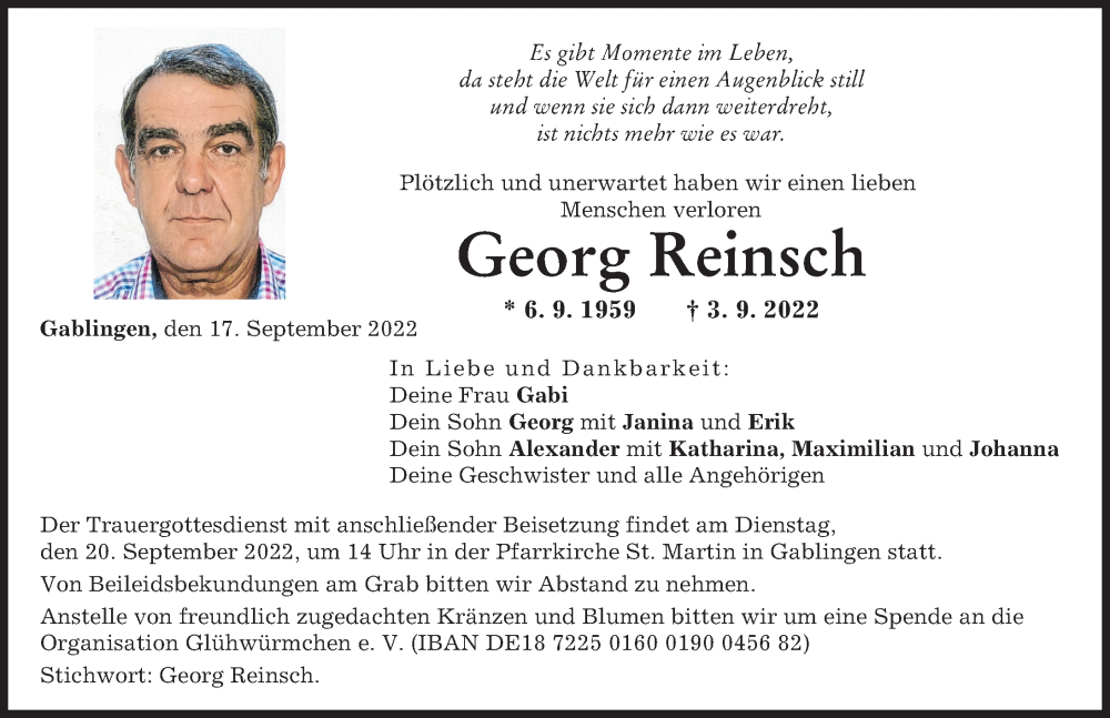  Traueranzeige für Georg Reinsch vom 17.09.2022 aus Augsburg-Land