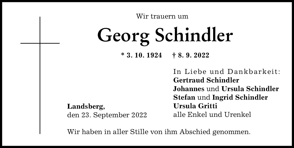  Traueranzeige für Georg Schindler vom 23.09.2022 aus Landsberger Tagblatt