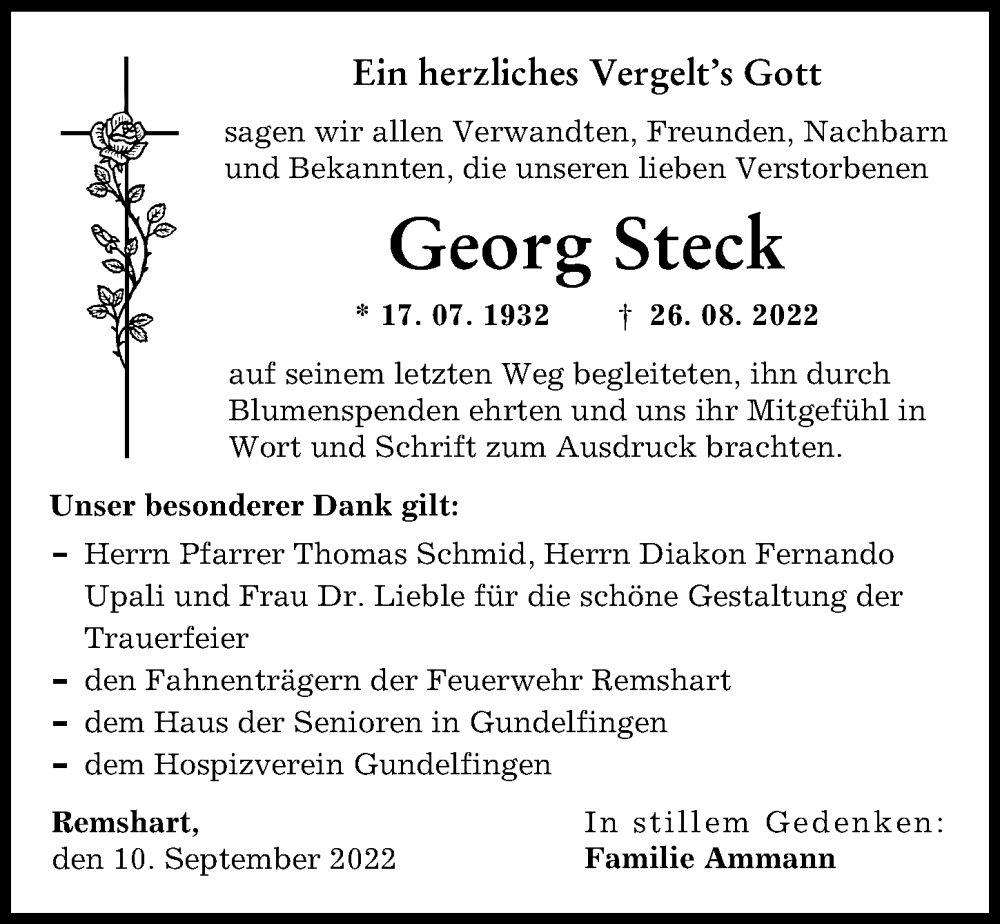 Traueranzeige von Georg Steck von Günzburger Zeitung