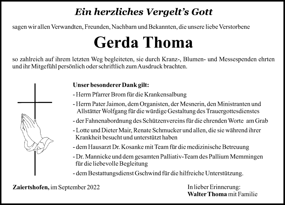 Traueranzeige von Gerda Thoma von Illertisser Zeitung, Mittelschwäbische Nachrichten