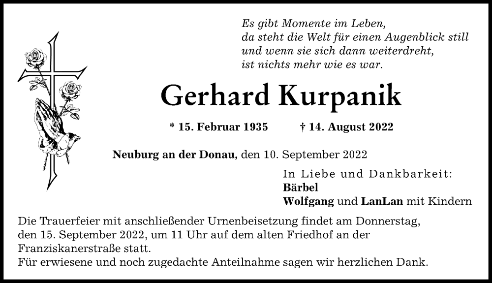 Traueranzeige von Gerhard Kurpanik von Neuburger Rundschau