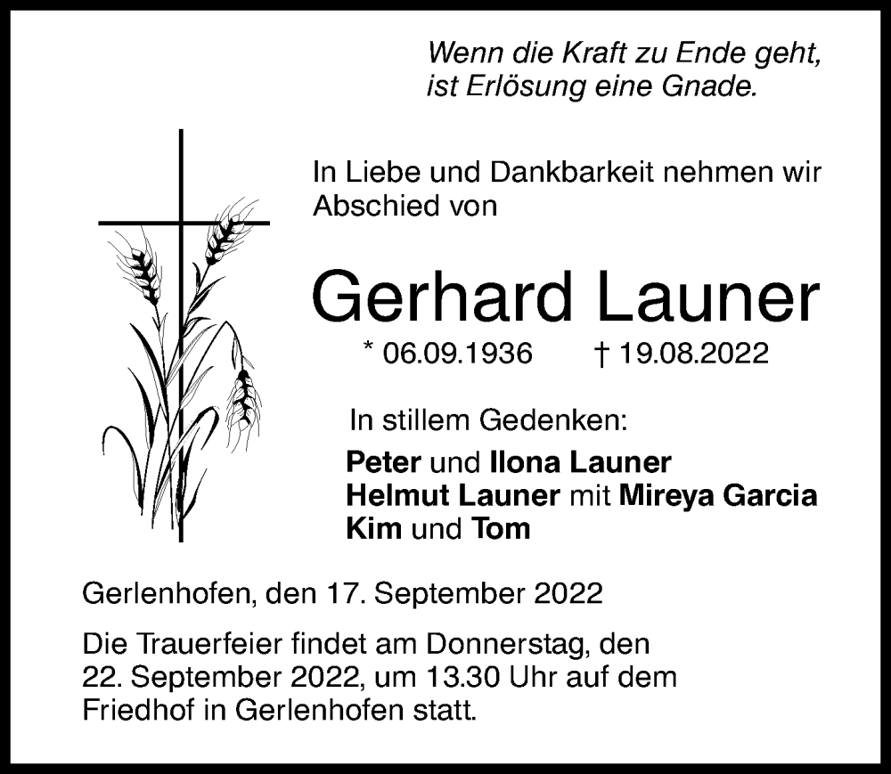 Traueranzeige von Gerhard Launer von Augsburger Allgemeine, Neu-Ulmer Zeitung