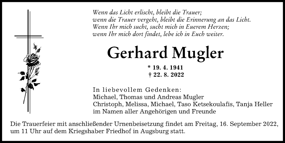 Traueranzeige von Gerhard Mugler von Augsburger Allgemeine