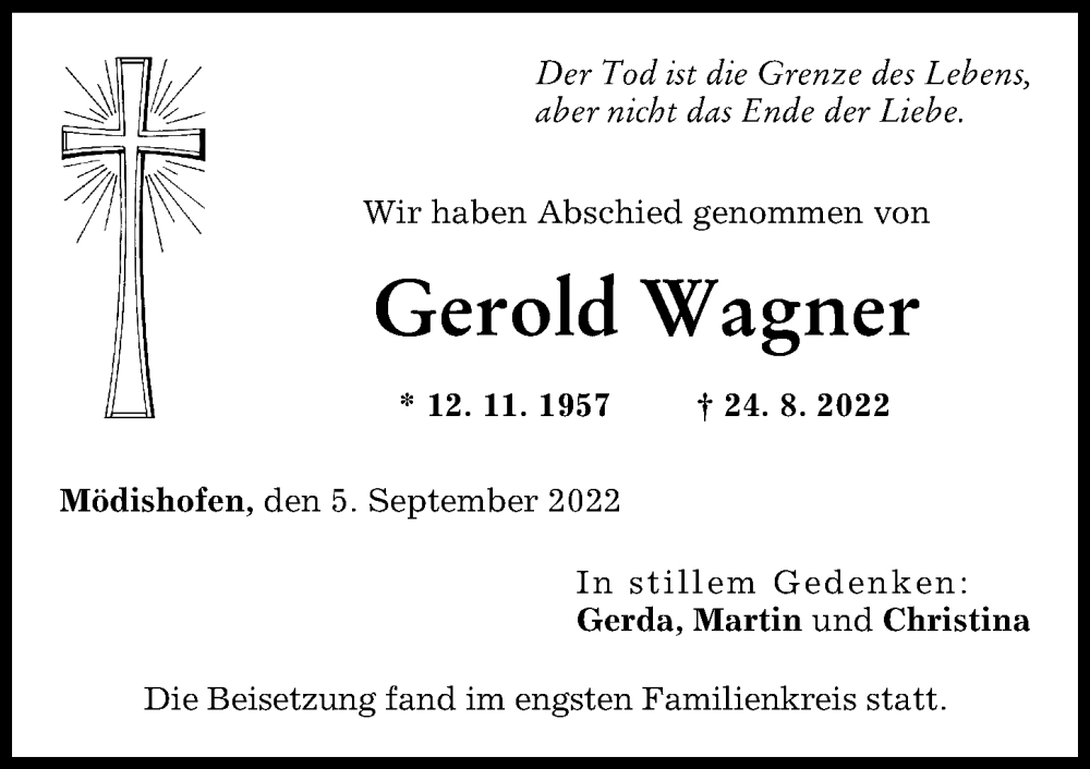 Traueranzeige von Gerold Wagner von Augsburg-Land