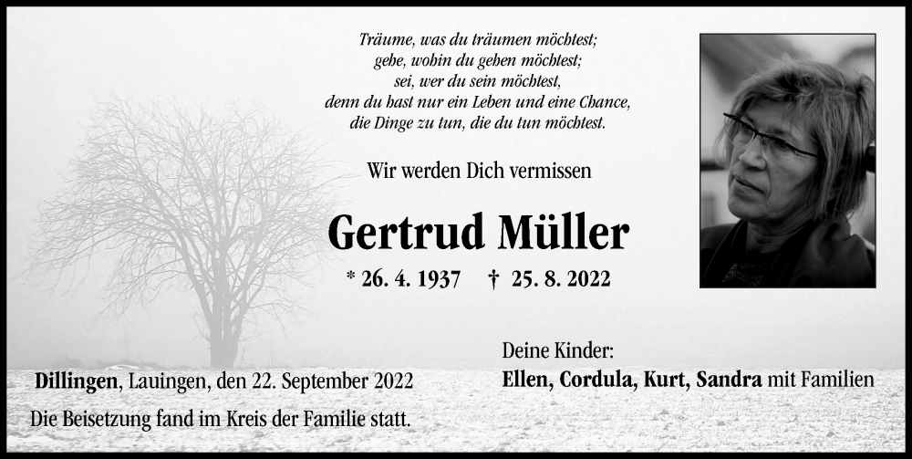 Traueranzeige von Gertrud Müller von Donau Zeitung