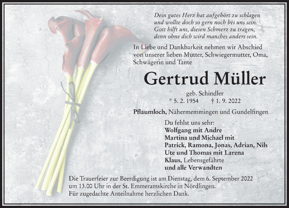  Traueranzeige für Gertrud Müller vom 03.09.2022 aus Rieser Nachrichten