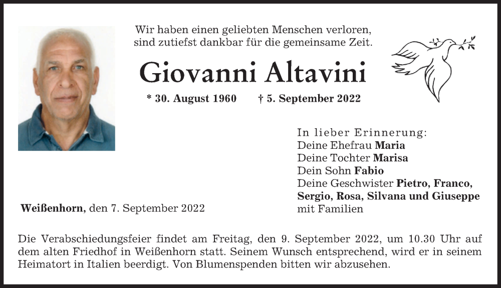  Traueranzeige für Giovanni Altavini vom 07.09.2022 aus Neu-Ulmer Zeitung