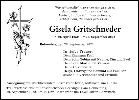 Traueranzeige von Gisela Gritschneder von Neuburger Rundschau