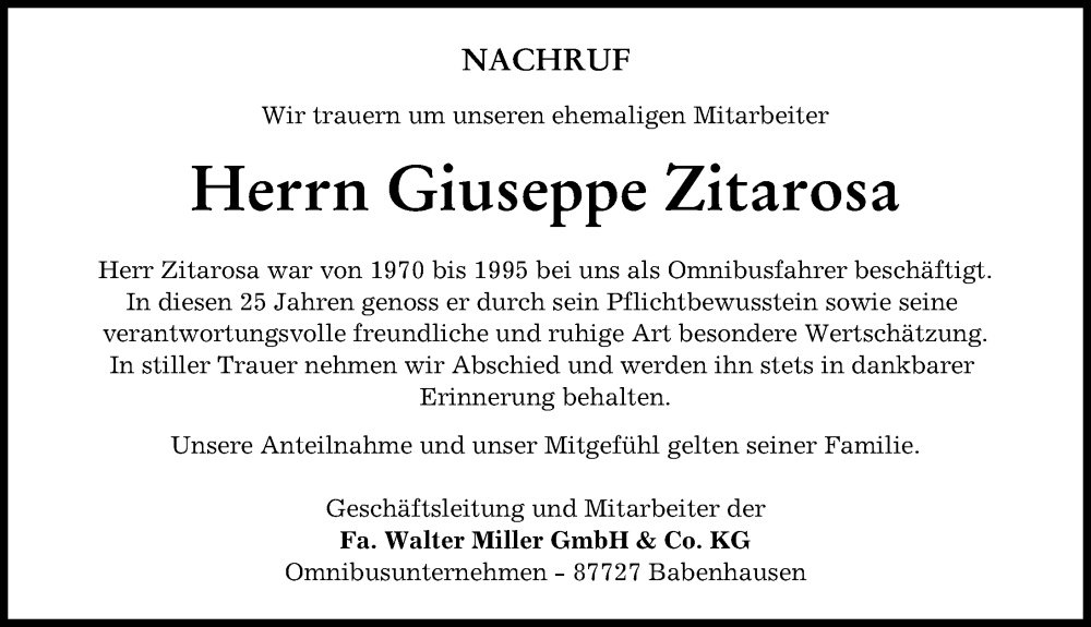 Traueranzeige von Giuseppe Zitarosa von Illertisser Zeitung