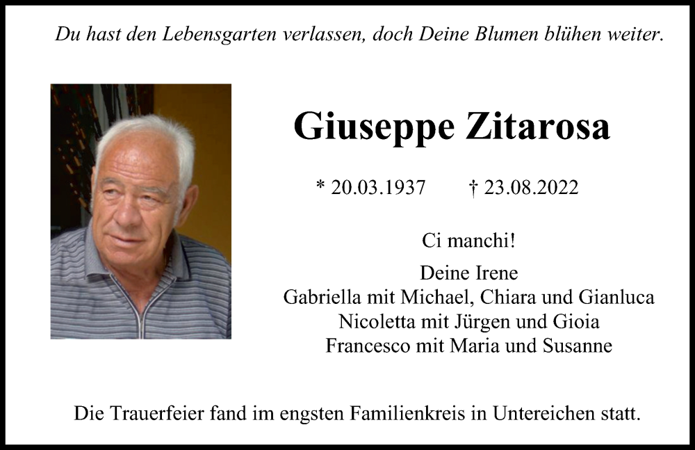 Traueranzeige von Giuseppe Zitarosa von Illertisser Zeitung