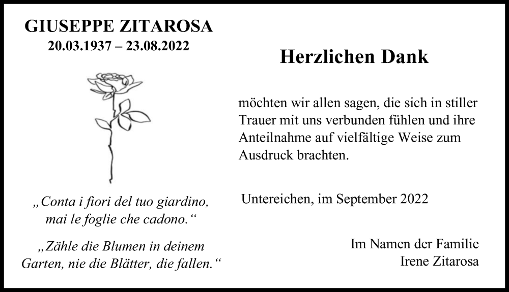 Traueranzeige von Giuseppe Zitarosa von Illertisser Zeitung