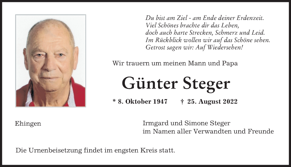 Traueranzeige von Günter Steger von Augsburg-Land