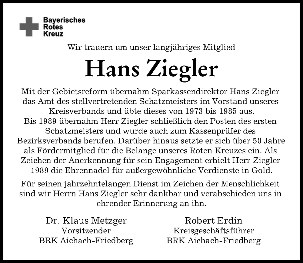 Traueranzeige von Hans Ziegler von Friedberger Allgemeine