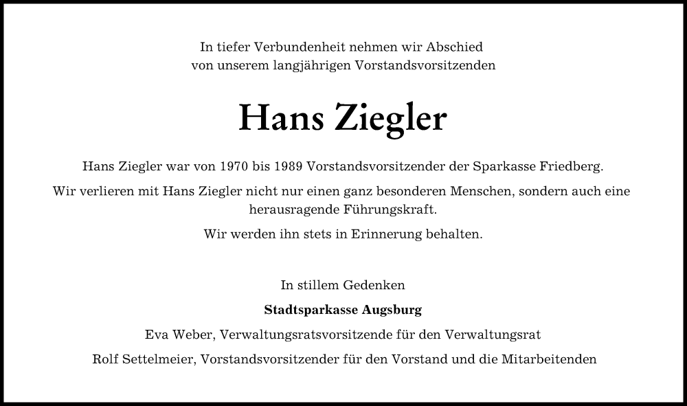 Traueranzeige von Hans Ziegler von Augsburger Allgemeine