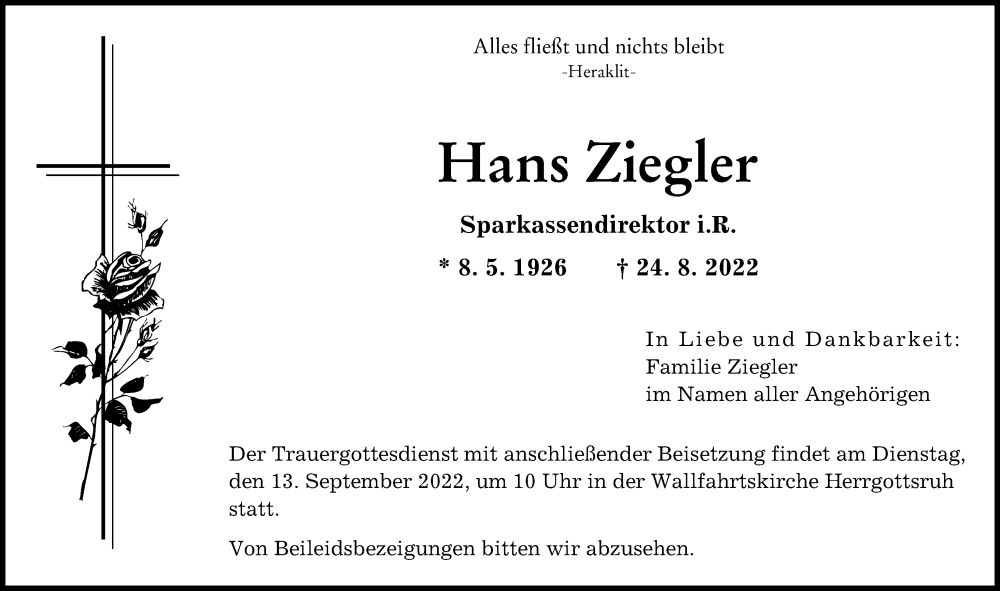 Traueranzeige von Hans Ziegler von Friedberger Allgemeine, Augsburger Allgemeine