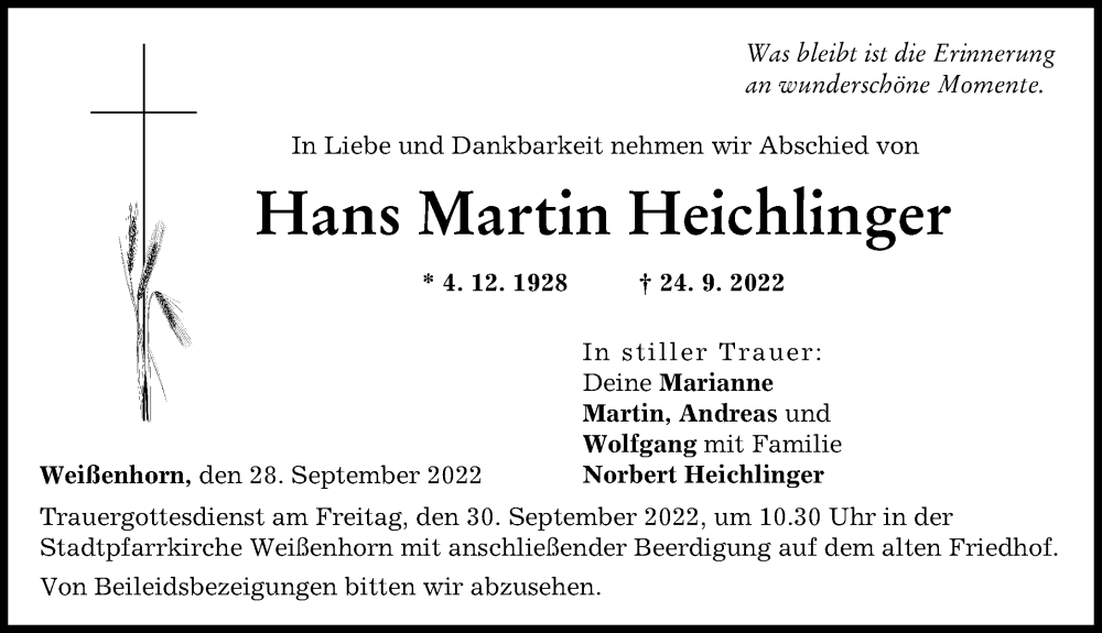  Traueranzeige für Hans Martin Heichlinger vom 28.09.2022 aus Neu-Ulmer Zeitung