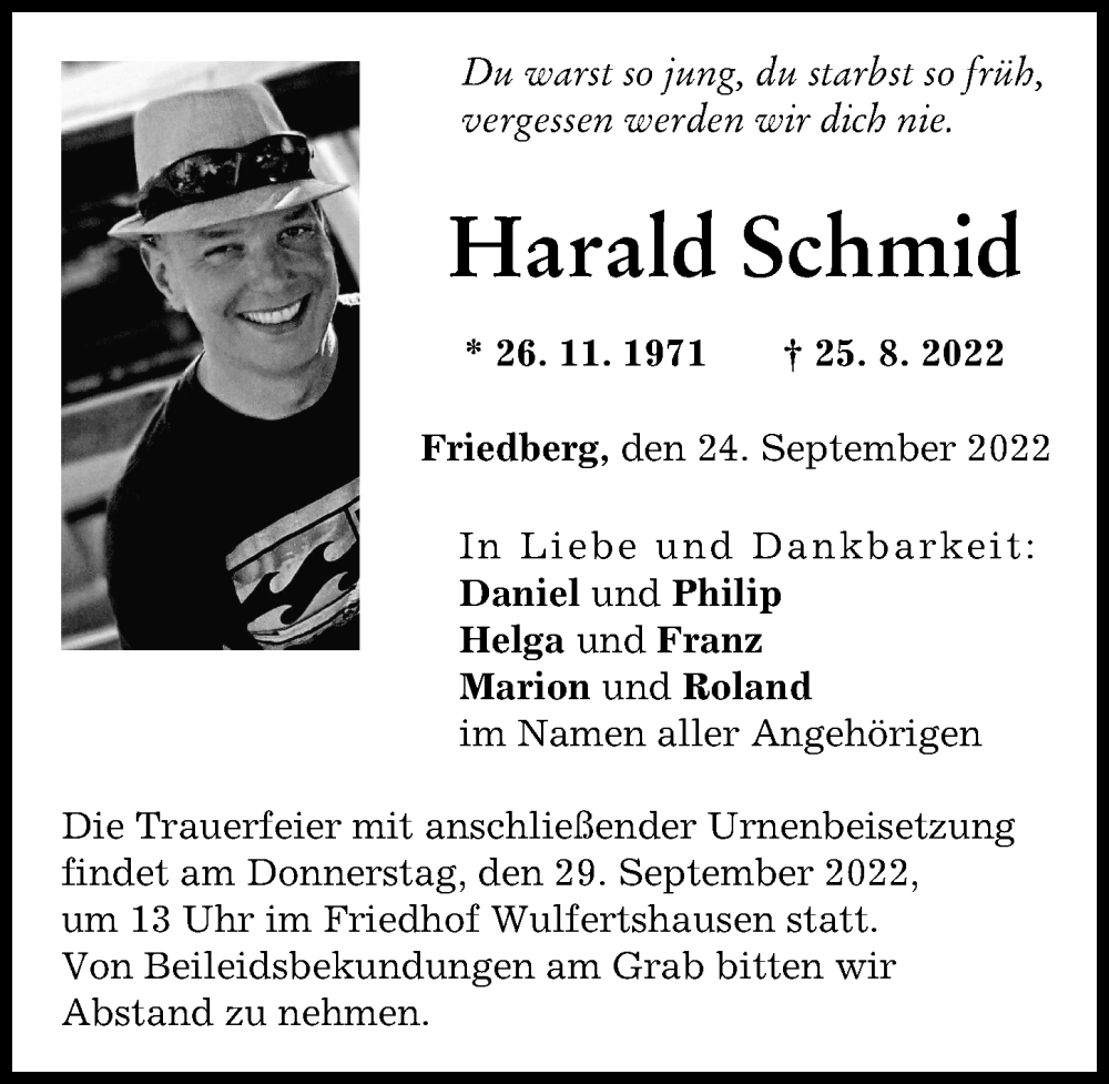 Traueranzeige von Harald Schmid von Friedberger Allgemeine