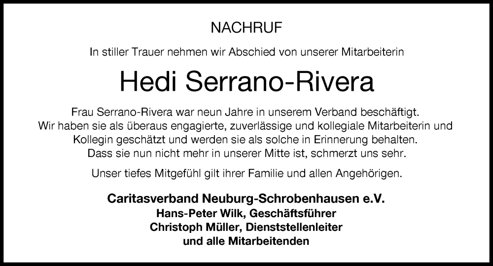  Traueranzeige für Hedi Serrano-Rivera vom 10.09.2022 aus Neuburger Rundschau