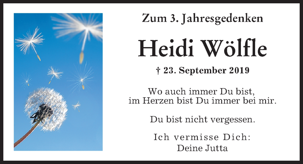  Traueranzeige für Heidi Wölfle vom 23.09.2022 aus Augsburger Allgemeine