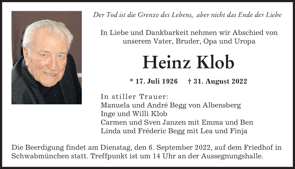 Traueranzeige von Heinz Klob von Augsburger Allgemeine