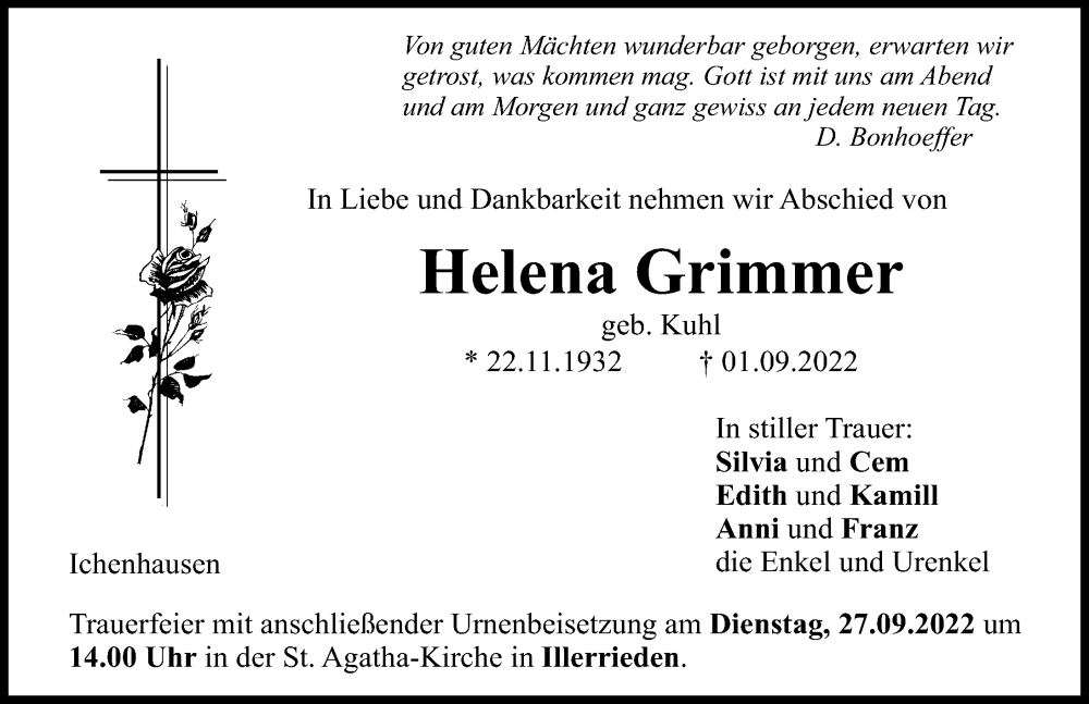  Traueranzeige für Helena Grimmer vom 23.09.2022 aus Günzburger Zeitung