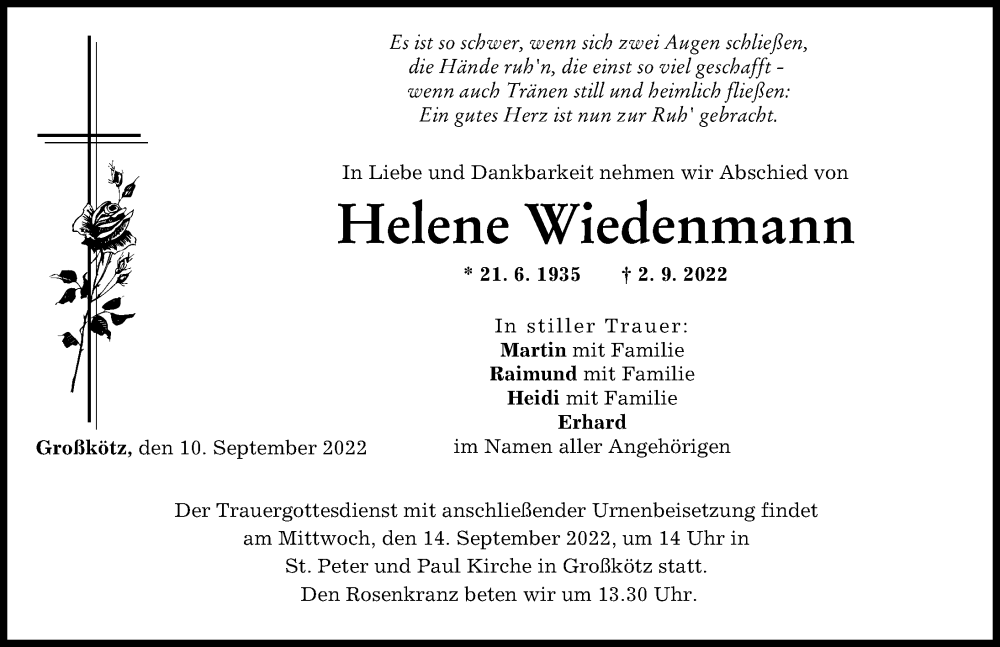  Traueranzeige für Helene Wiedenmann vom 10.09.2022 aus Günzburger Zeitung