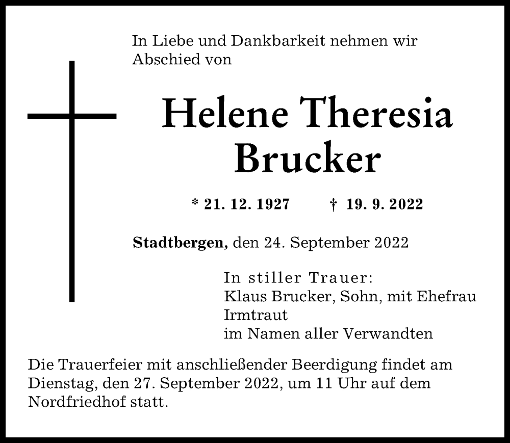  Traueranzeige für Helene Theresia Brucker vom 24.09.2022 aus Augsburger Allgemeine