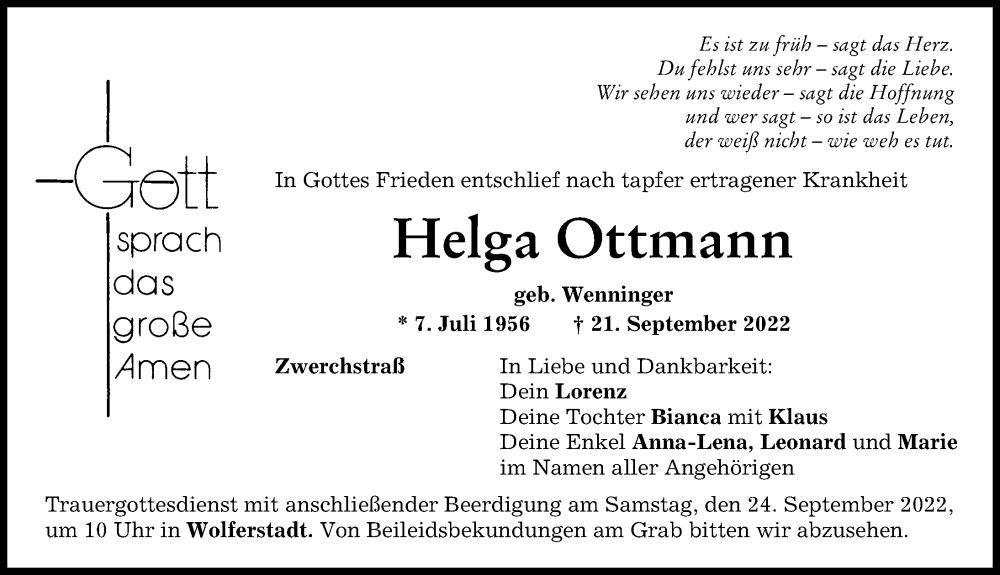  Traueranzeige für Helga Ottmann vom 23.09.2022 aus Donauwörther Zeitung