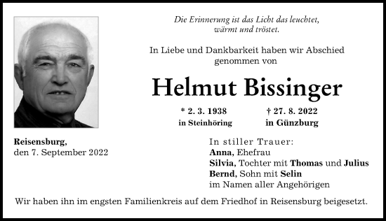 Traueranzeige von Helmut Bissinger von Günzburger Zeitung