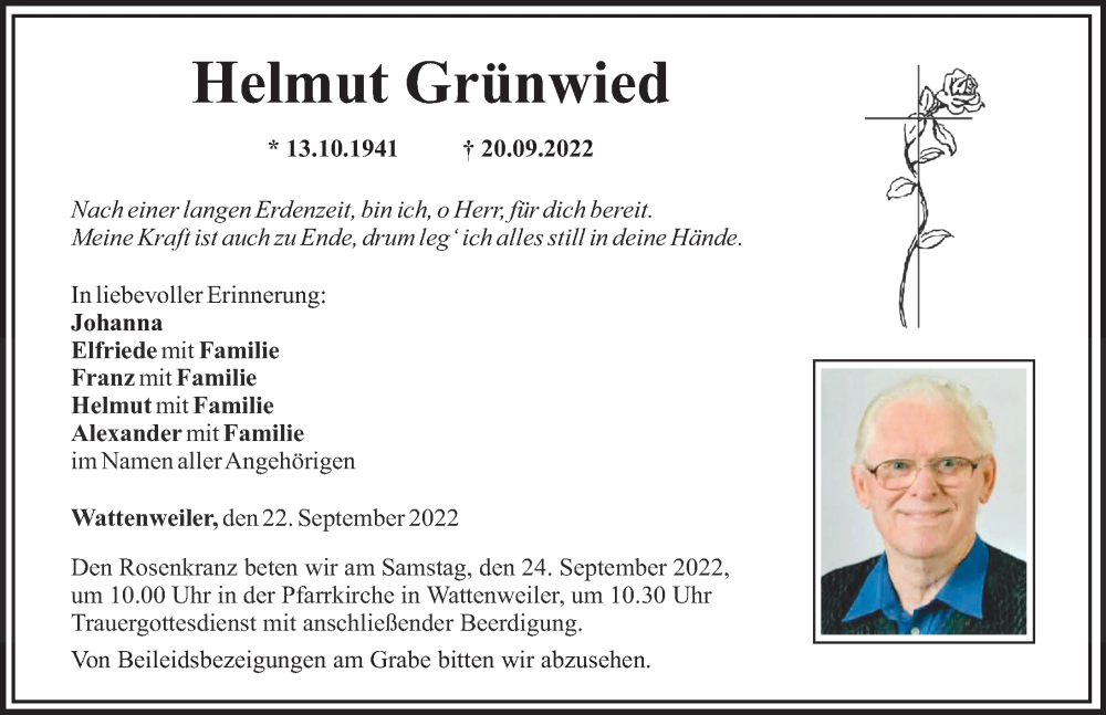  Traueranzeige für Helmut Grünwied vom 22.09.2022 aus Mittelschwäbische Nachrichten, Günzburger Zeitung