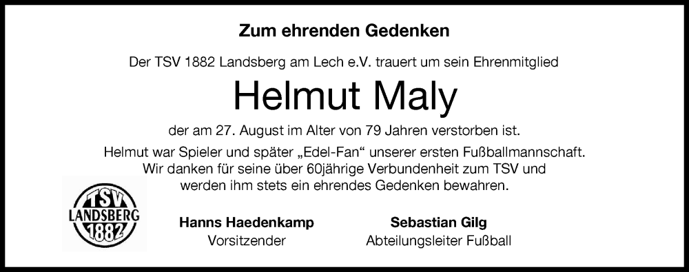  Traueranzeige für Helmut Maly vom 10.09.2022 aus Landsberger Tagblatt