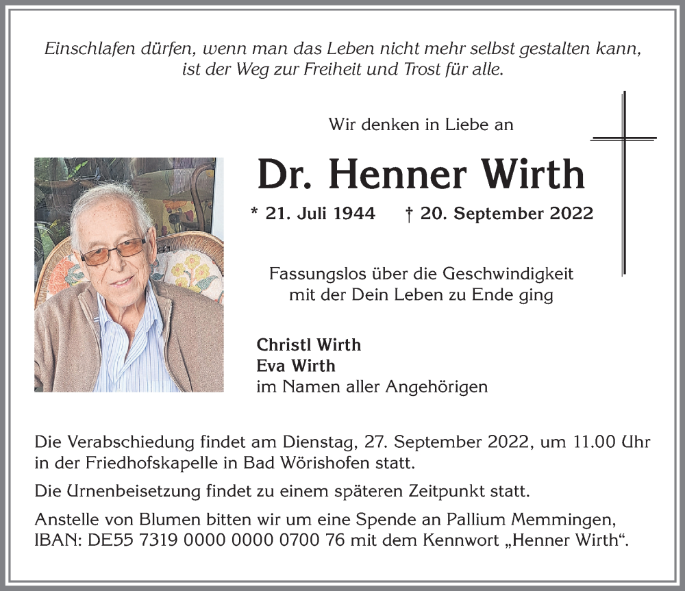  Traueranzeige für Henner Wirth vom 23.09.2022 aus Mindelheimer Zeitung