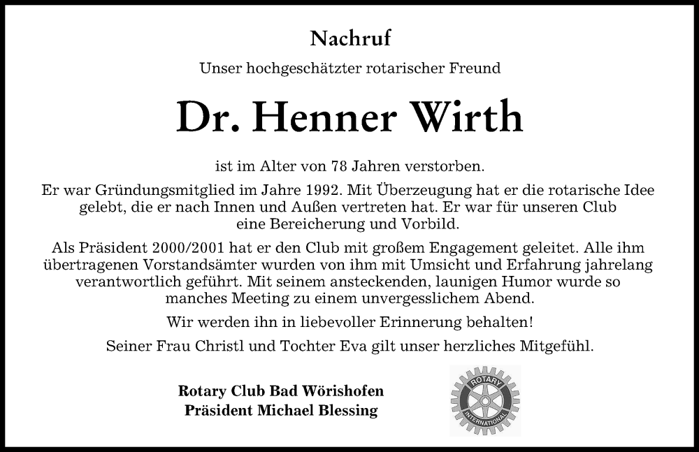  Traueranzeige für Henner Wirth vom 26.09.2022 aus Mindelheimer Zeitung