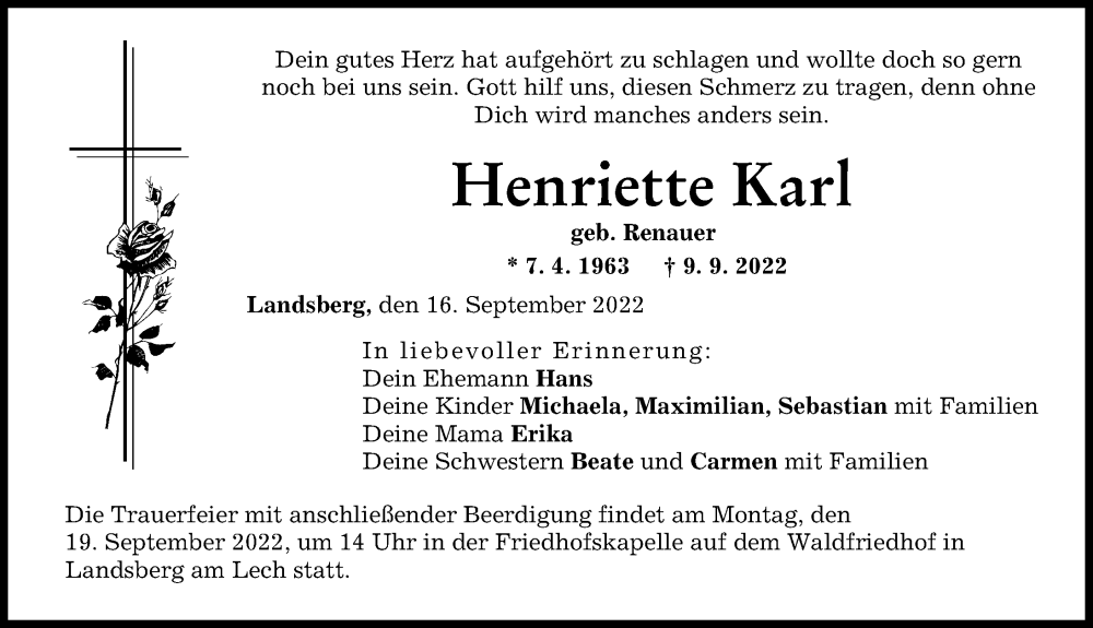  Traueranzeige für Henriette Karl vom 16.09.2022 aus Landsberger Tagblatt