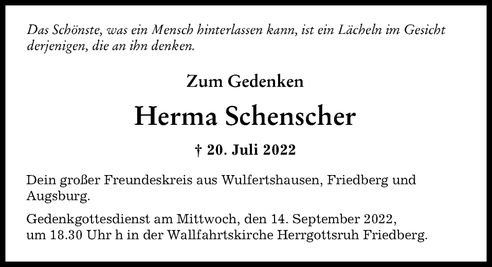 Traueranzeige von Herma Schenscher von Augsburger Allgemeine