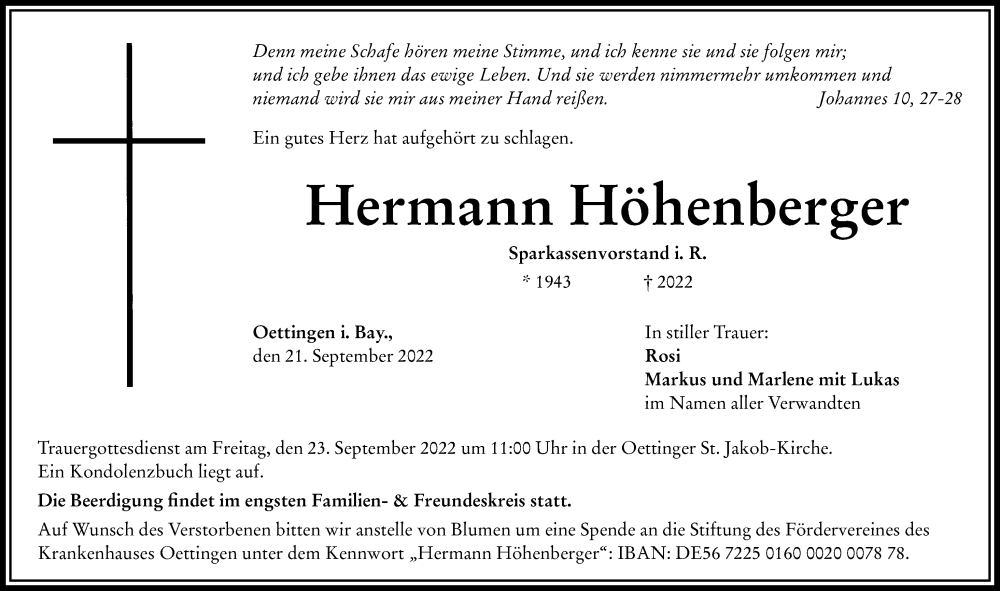 Traueranzeige von Hermann Höhenberger von Rieser Nachrichten