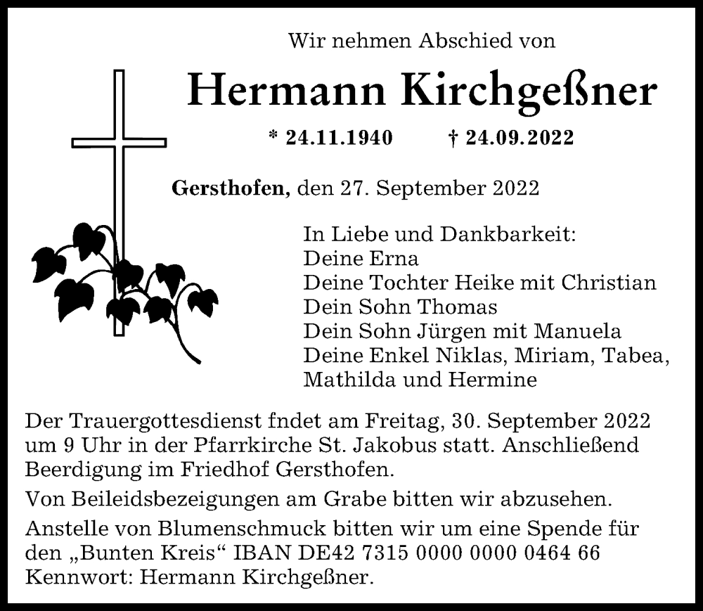 Traueranzeige für Hermann Kirchgeßner vom 27.09.2022 aus Augsburger Allgemeine