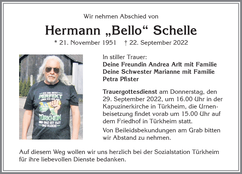  Traueranzeige für Hermann Schelle vom 28.09.2022 aus Mindelheimer Zeitung