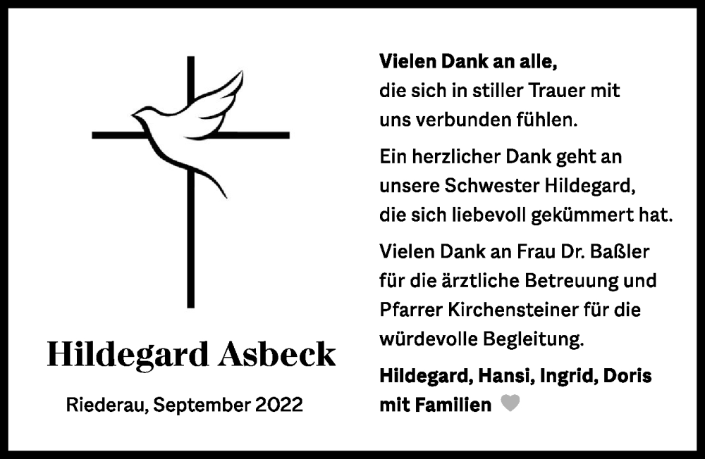  Traueranzeige für Hildegard Asbeck vom 30.09.2022 aus Ammersee Kurier
