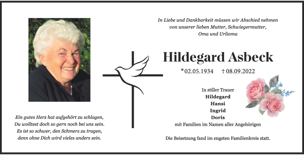  Traueranzeige für Hildegard Asbeck vom 23.09.2022 aus Ammersee Kurier