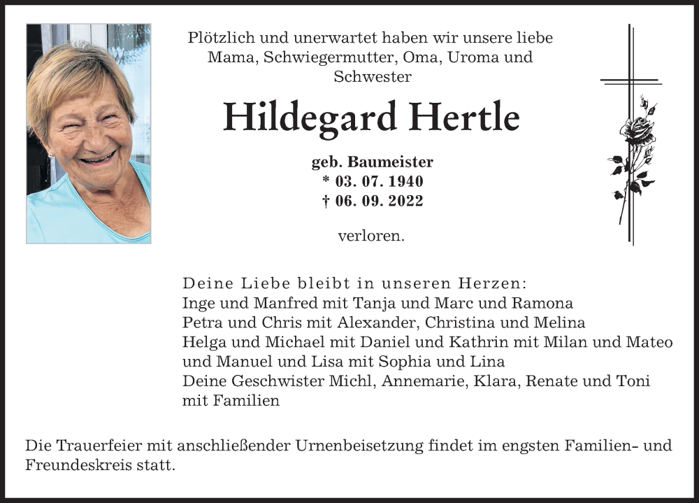  Traueranzeige für Hildegard Hertle vom 10.09.2022 aus Augsburger Allgemeine