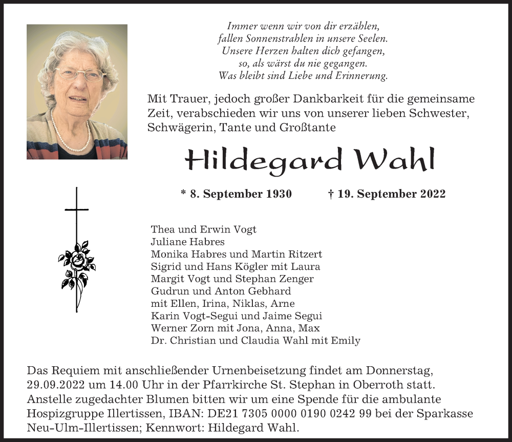  Traueranzeige für Hildegard Wahl vom 26.09.2022 aus Mindelheimer Zeitung, Illertisser Zeitung