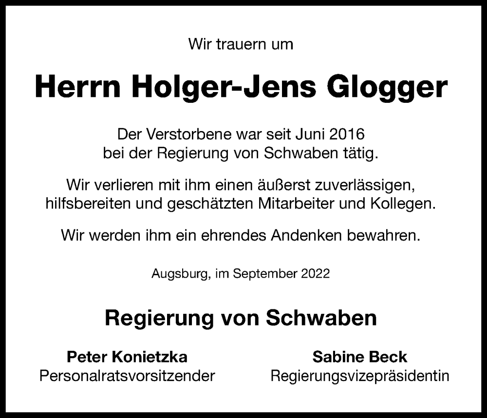  Traueranzeige für Holger-Jens Glogger vom 24.09.2022 aus Augsburger Allgemeine