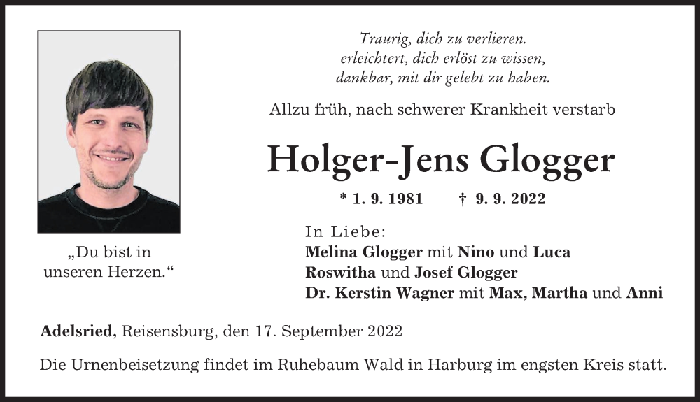  Traueranzeige für Holger-Jens Glogger vom 17.09.2022 aus Donau Zeitung, Augsburg-Land, Augsburger Allgemeine, Günzburger Zeitung