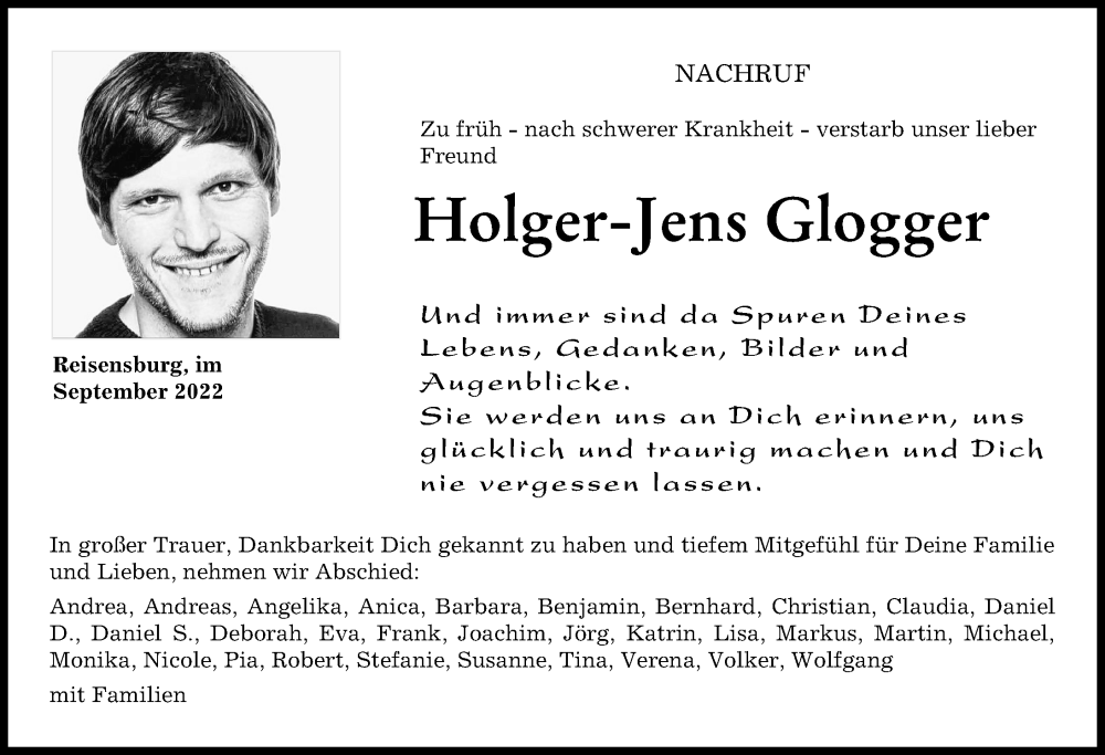 Traueranzeige für Holger-Jens Glogger vom 23.09.2022 aus Günzburger Zeitung