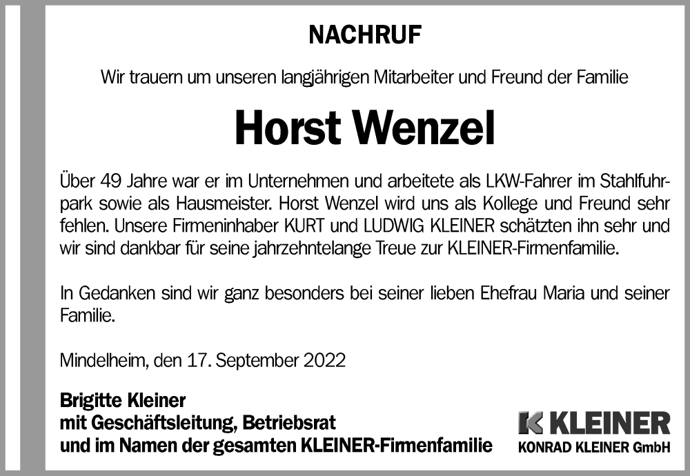  Traueranzeige für Horst Wenzel vom 17.09.2022 aus Mindelheimer Zeitung