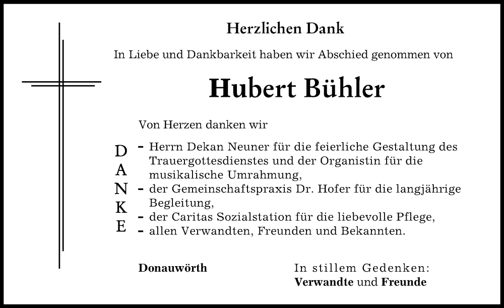  Traueranzeige für Hubert Bühler vom 29.09.2022 aus Donauwörther Zeitung