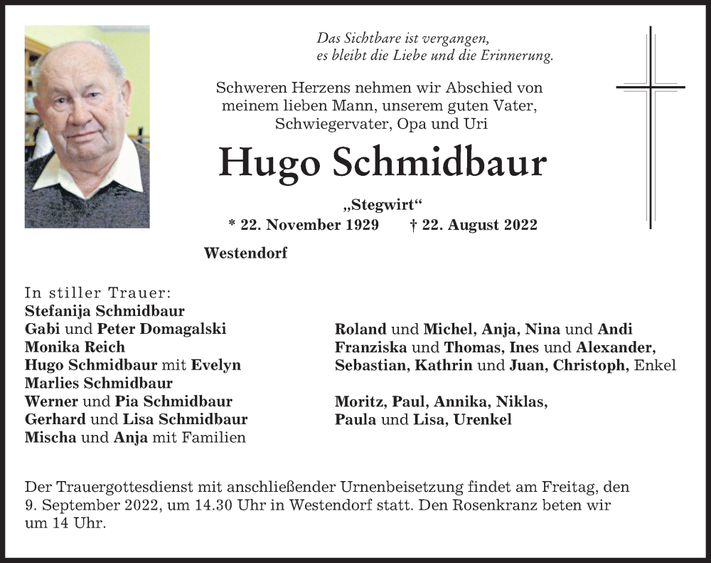 Traueranzeige von Hugo Schmidbaur von Wertinger Zeitung, Augsburg-Land